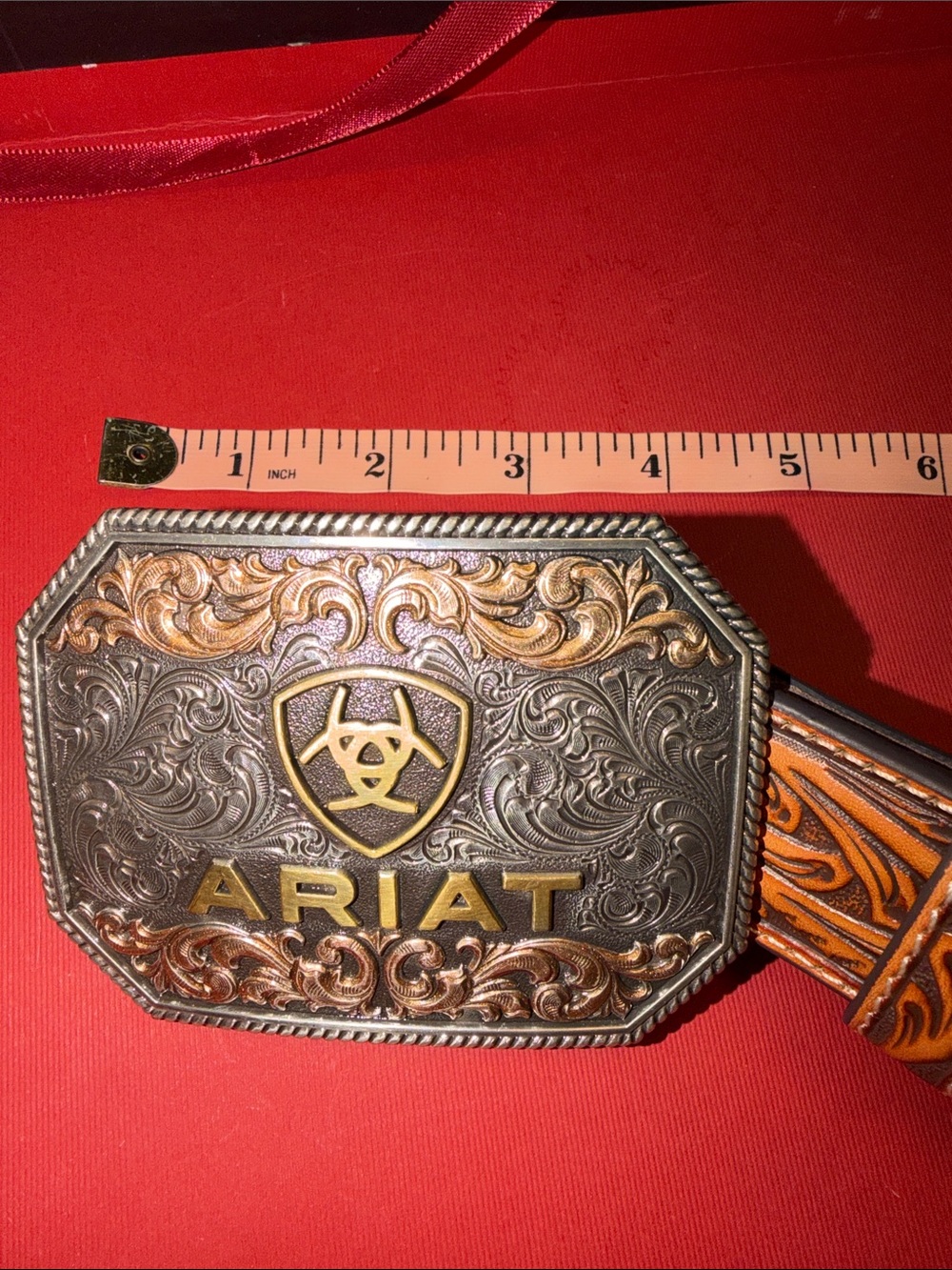NWOT Ariat Brown Tooled Genuine Leather Belt with Silver & Gold Western Buckle - Picture 12 of 12